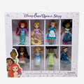 Once Upon Magic Disney Once Upon a Story 8 Princesses gift set featuring Ariel, Elsa, Jasmine, Cinderella, Belle, Tiana, Rapunzel, and Moana in pastel packaging.