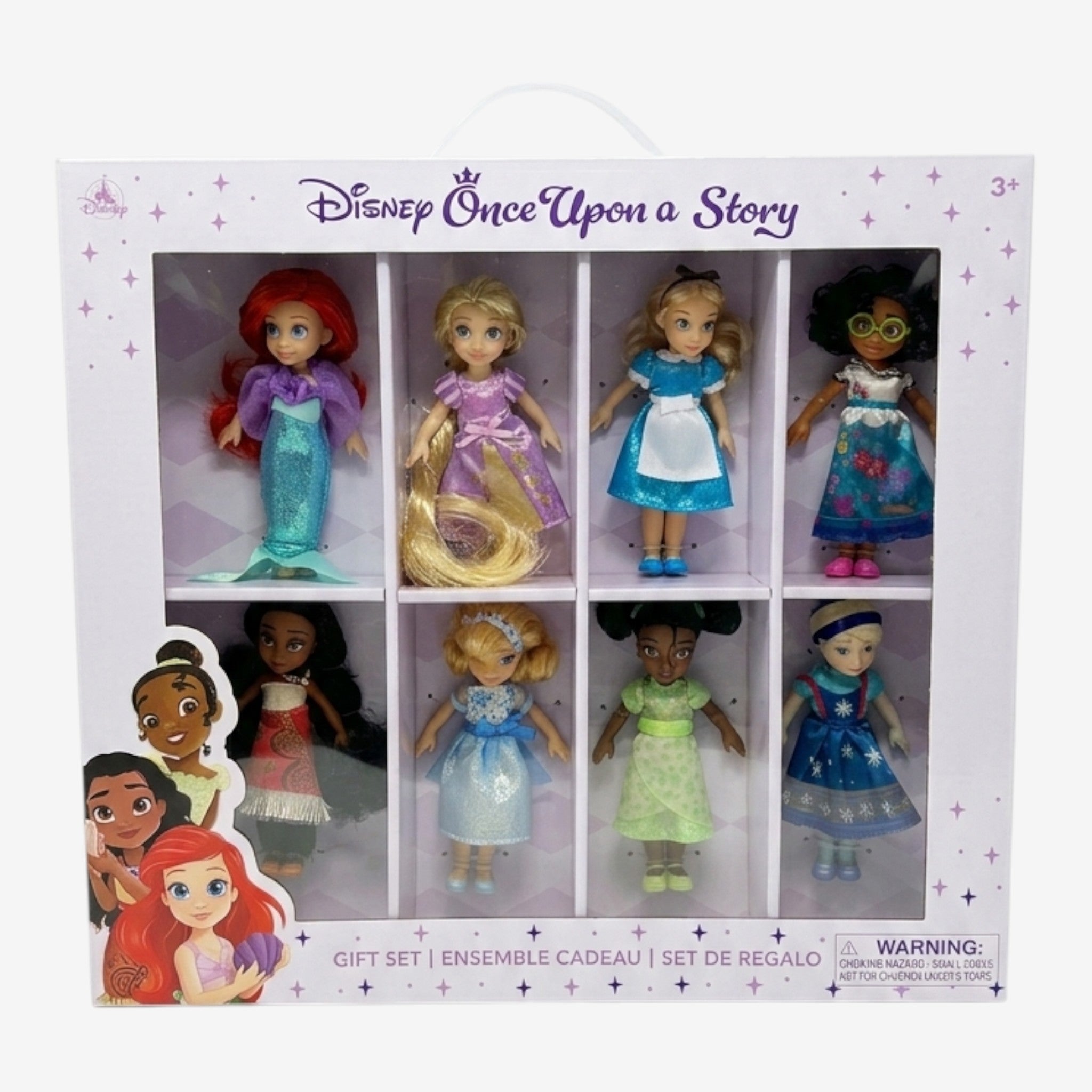 Once Upon Magic Disney Once Upon a Story 8 Princesses gift set featuring Ariel, Elsa, Jasmine, Cinderella, Belle, Tiana, Rapunzel, and Moana in pastel packaging.