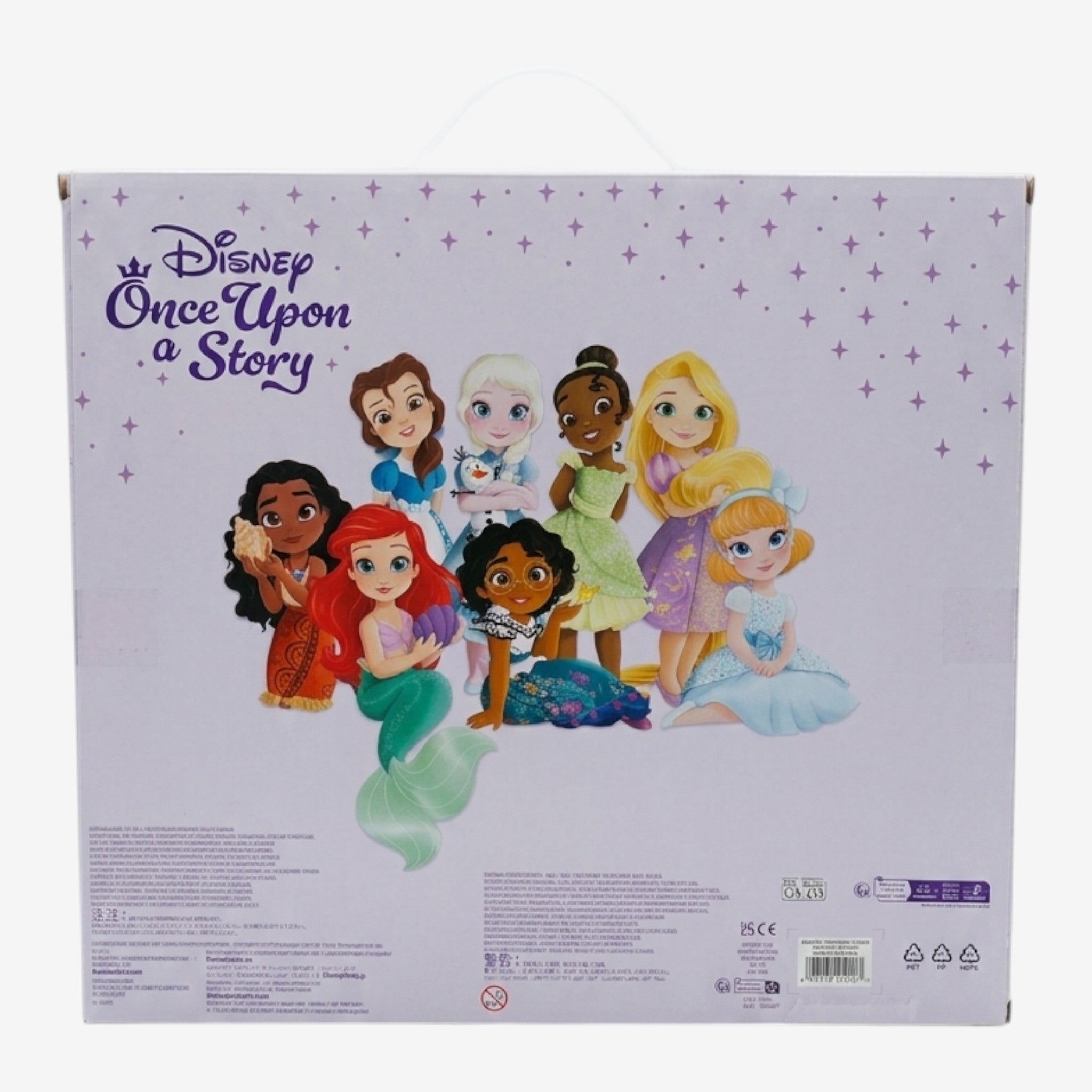 Once Upon a Magic Disney Princesses Once Upon a Story figurine set featuring Ariel, Elsa, Jasmine, Cinderella, Belle, Tiana, Rapunzel, and Moana in pastel box.