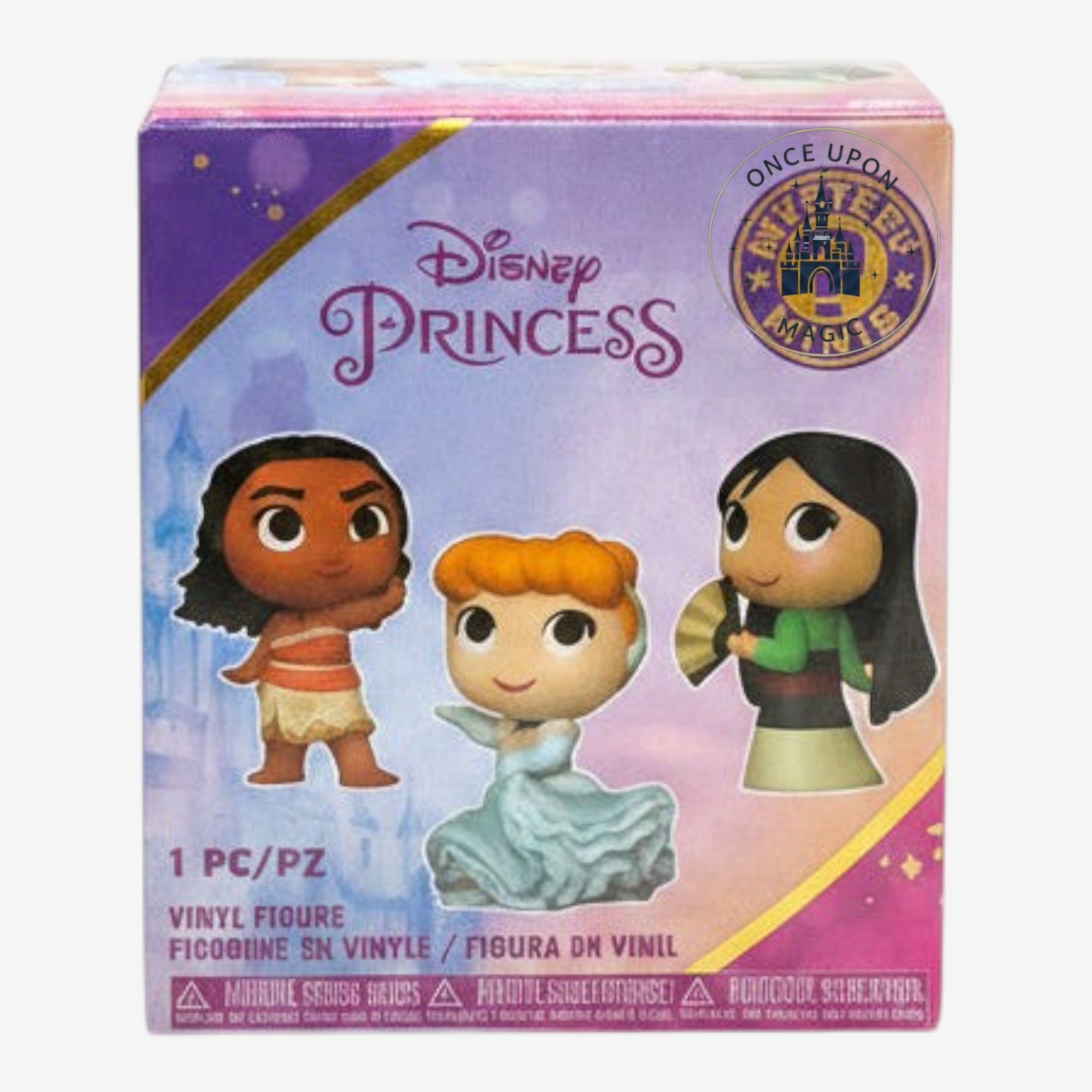 Once Upon Magic Disney Princess Funko Mystery Minis blind box featuring Moana, Cinderella, and Mulan figurines.