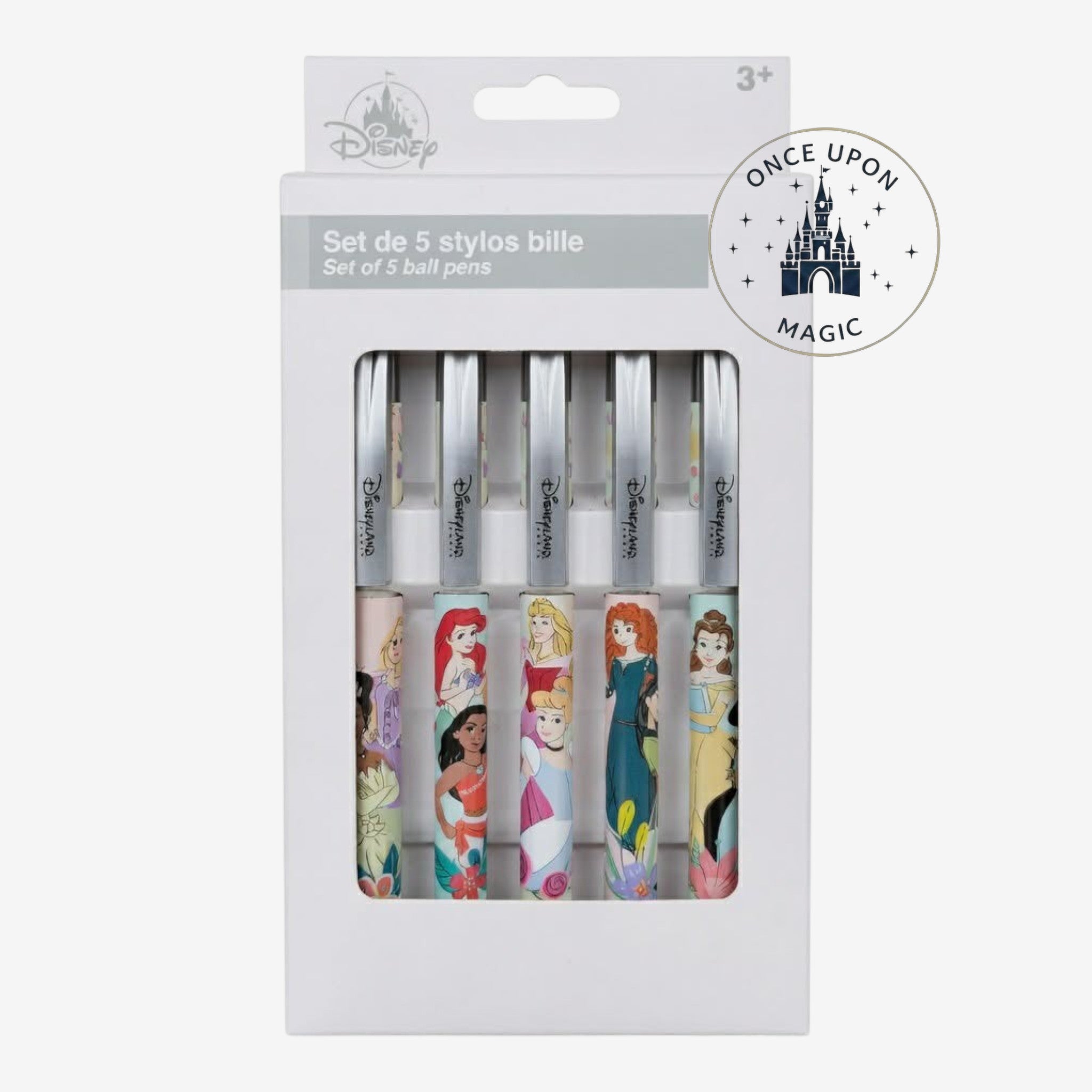 Once Upon Magic Disney Princess ballpoint pen set featuring five colorful character-themed pens in a gift box.