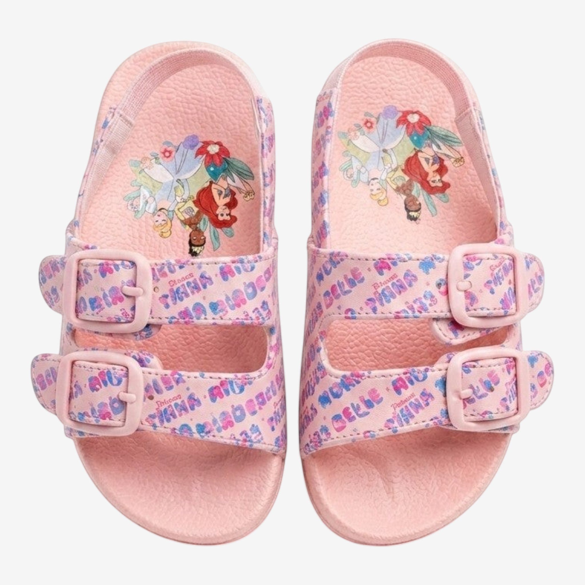 Once Upon Magic pink Disney Princess double strap sandals with Ariel, Cinderella, and Tiana print.