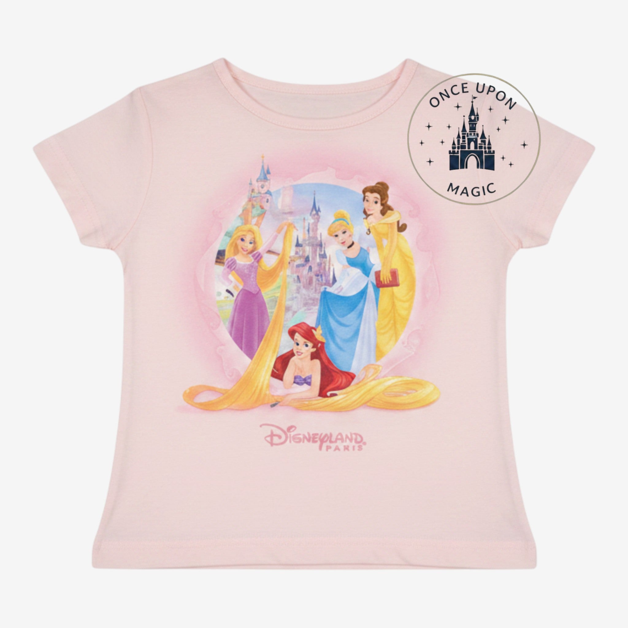 Once Upon Magic light pink Disney Princesses t-shirt featuring Rapunzel, Cinderella, Belle, and Ariel for children.