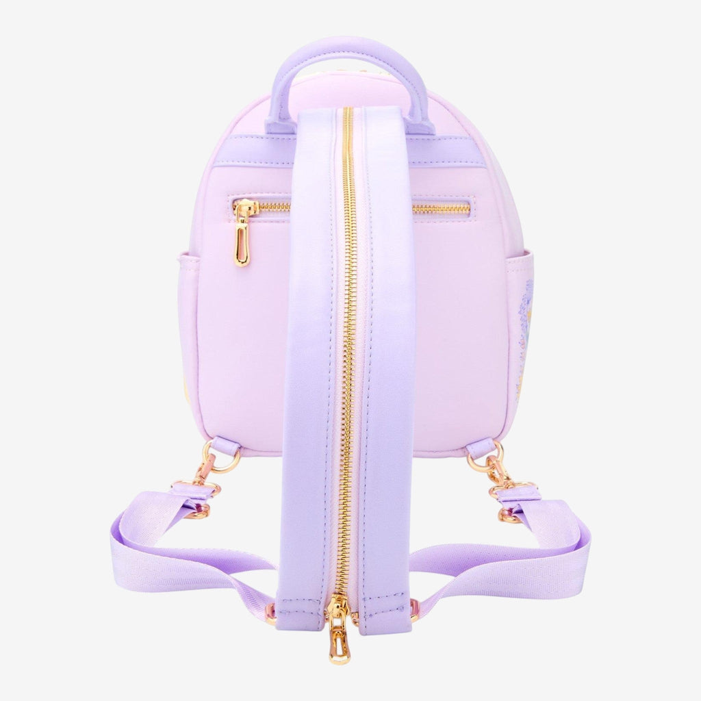 Once Upon Magic Disney Tangled Rapunzel & Maximus floral mini backpack with convertible straps, purple faux leather.
