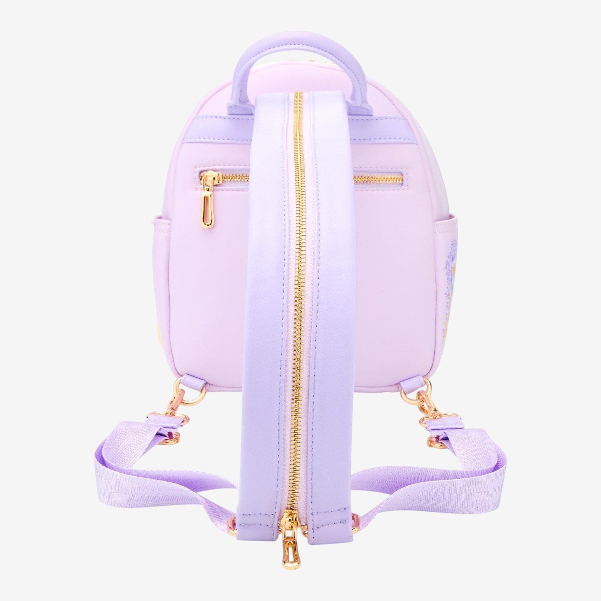 Once Upon Magic Disney Tangled Rapunzel & Maximus floral mini backpack with convertible straps, purple faux leather.