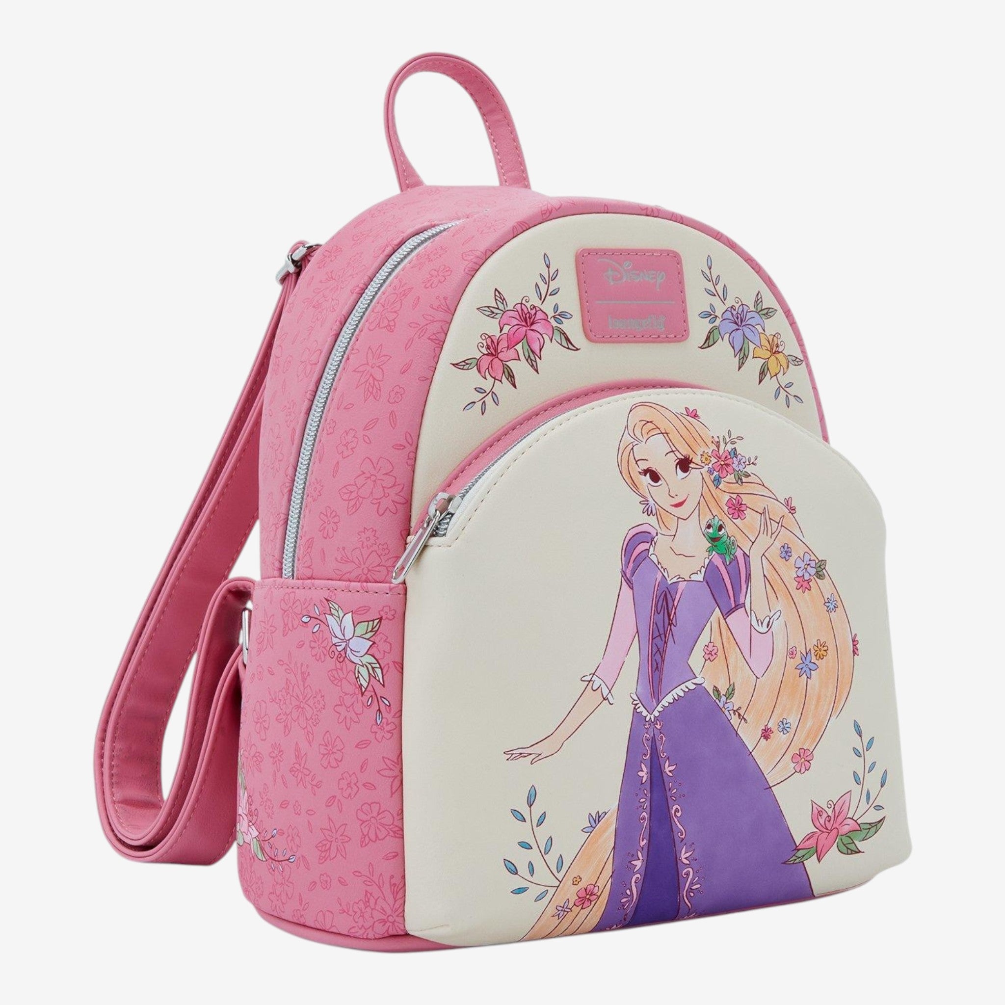 Once Upon Magic Disney Rapunzel and Pascal mini backpack in pink faux leather with floral print and character art.