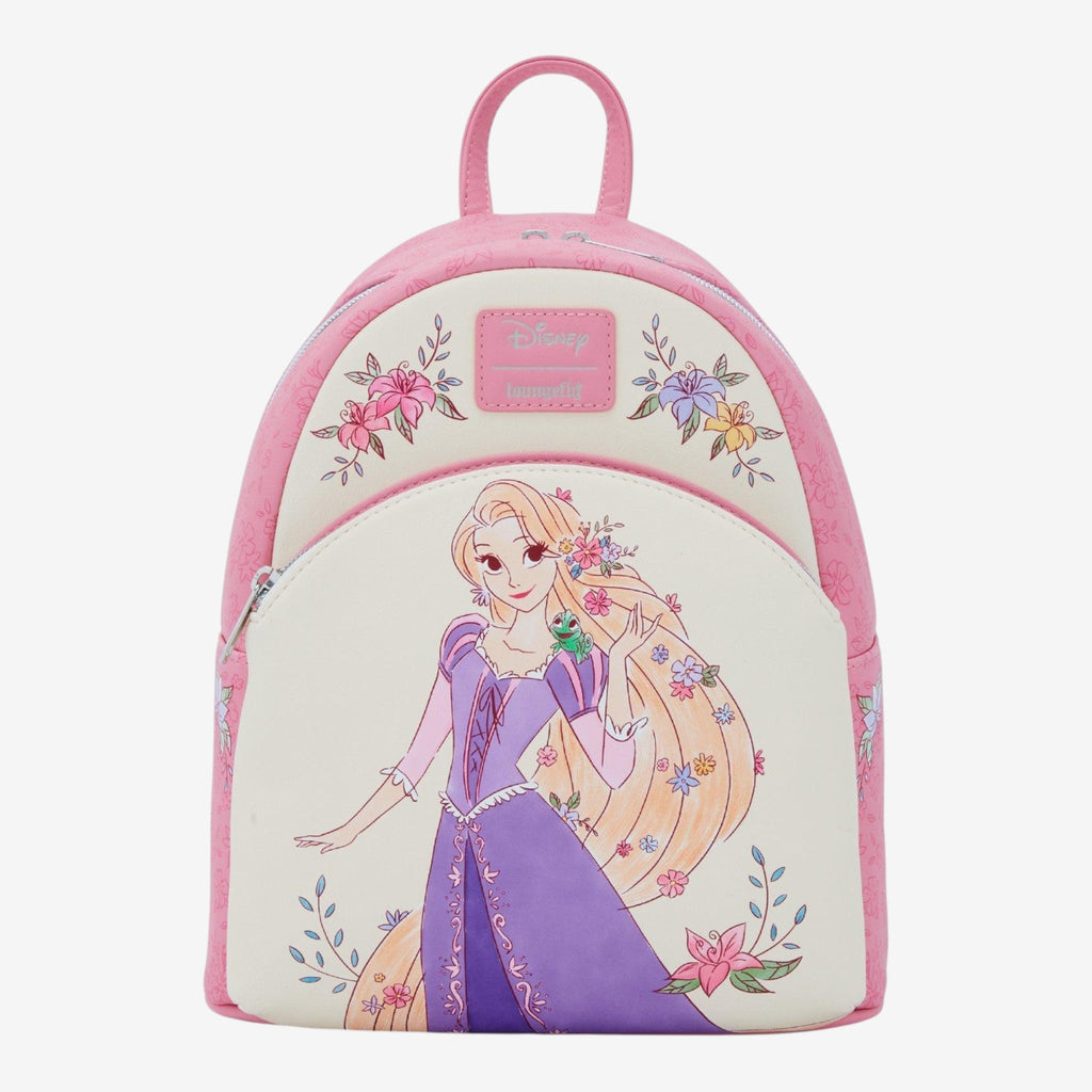 Once Upon Magic Disney Rapunzel and Pascal mini backpack with floral print. Pink faux leather.