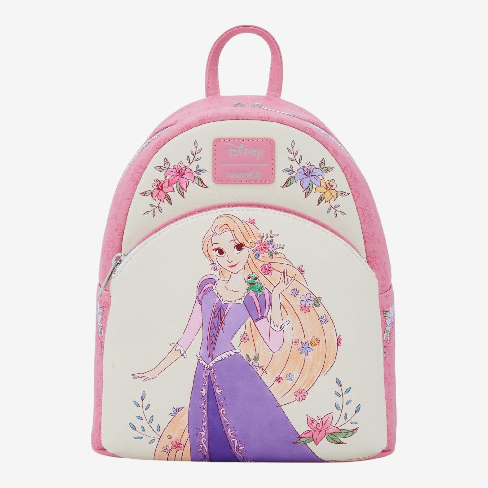 Once Upon Magic Disney Rapunzel and Pascal mini backpack with floral print. Pink faux leather.