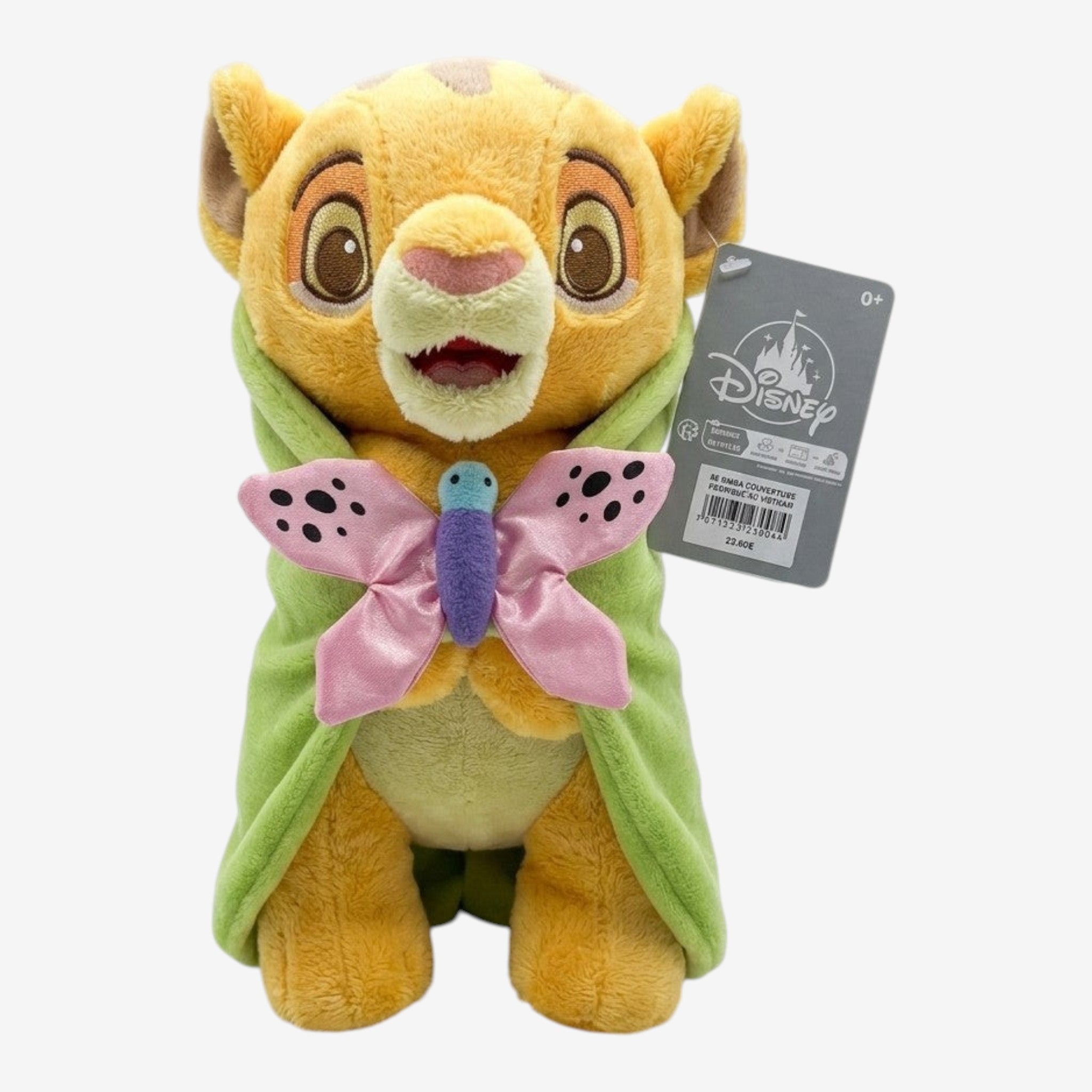 Once Upon Magic Disney The Lion King Simba plush toy with green cape and pink butterfly.