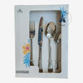 Once Upon Magic Disney 24-piece stainless steel flatware set in original packaging with floral and tropical engravings.