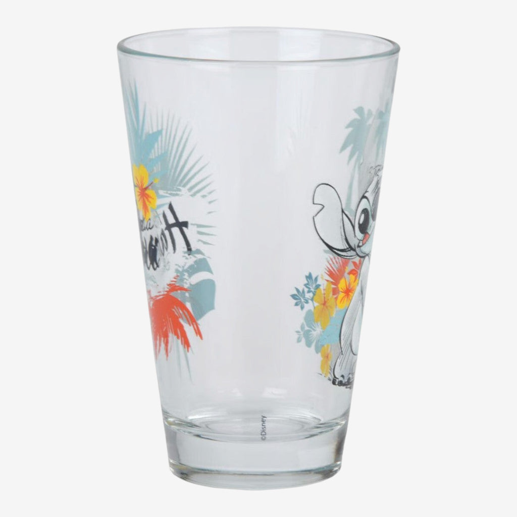 Once Upon Magic Disney Lilo & Stitch Aloha Hawaii clear glass with tropical flowers and palm trees.