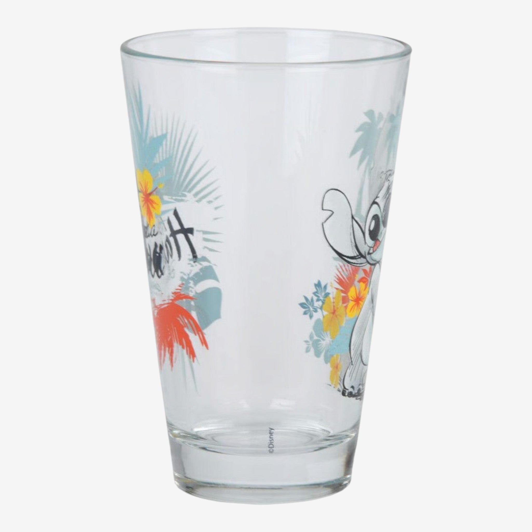 Once Upon Magic Disney Lilo & Stitch Aloha Hawaii clear glass with tropical flowers and palm trees.