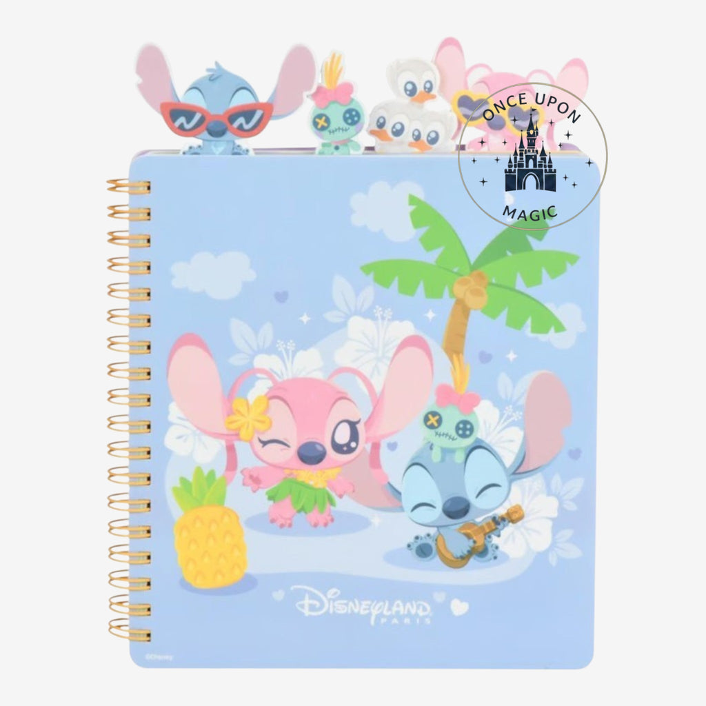Once Upon Magic pastel blue spiral notebook featuring Stitch and Angel in a tropical paradise with pineapple and palm tree. Includes character page markers.