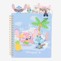 Once Upon Magic pastel blue spiral notebook featuring Stitch and Angel in a tropical paradise with pineapple and palm tree. Includes character page markers.