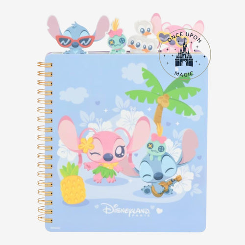Once Upon Magic pastel blue spiral notebook featuring Stitch and Angel in a tropical paradise with pineapple and palm tree. Includes character page markers.