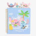 Once Upon Magic pastel blue spiral notebook featuring Stitch and Angel in a tropical paradise with pineapple and palm tree. Includes character page markers.