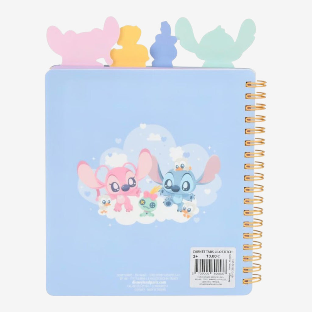 Once Upon Magic pastel blue spiral notebook featuring Disney's Stitch and Angel with character page markers.