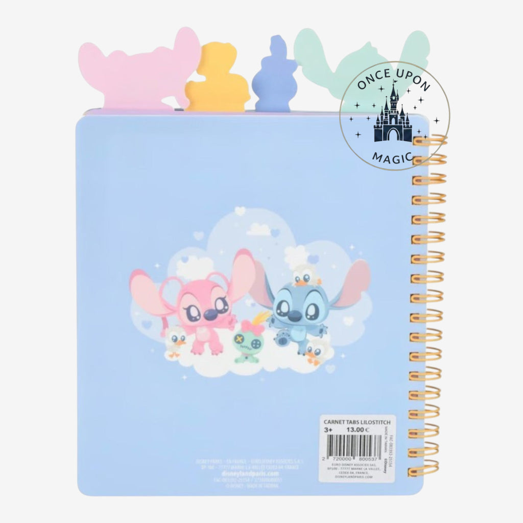 Once Upon Magic pastel blue spiral notebook featuring Disney's Stitch and Angel with character page markers.