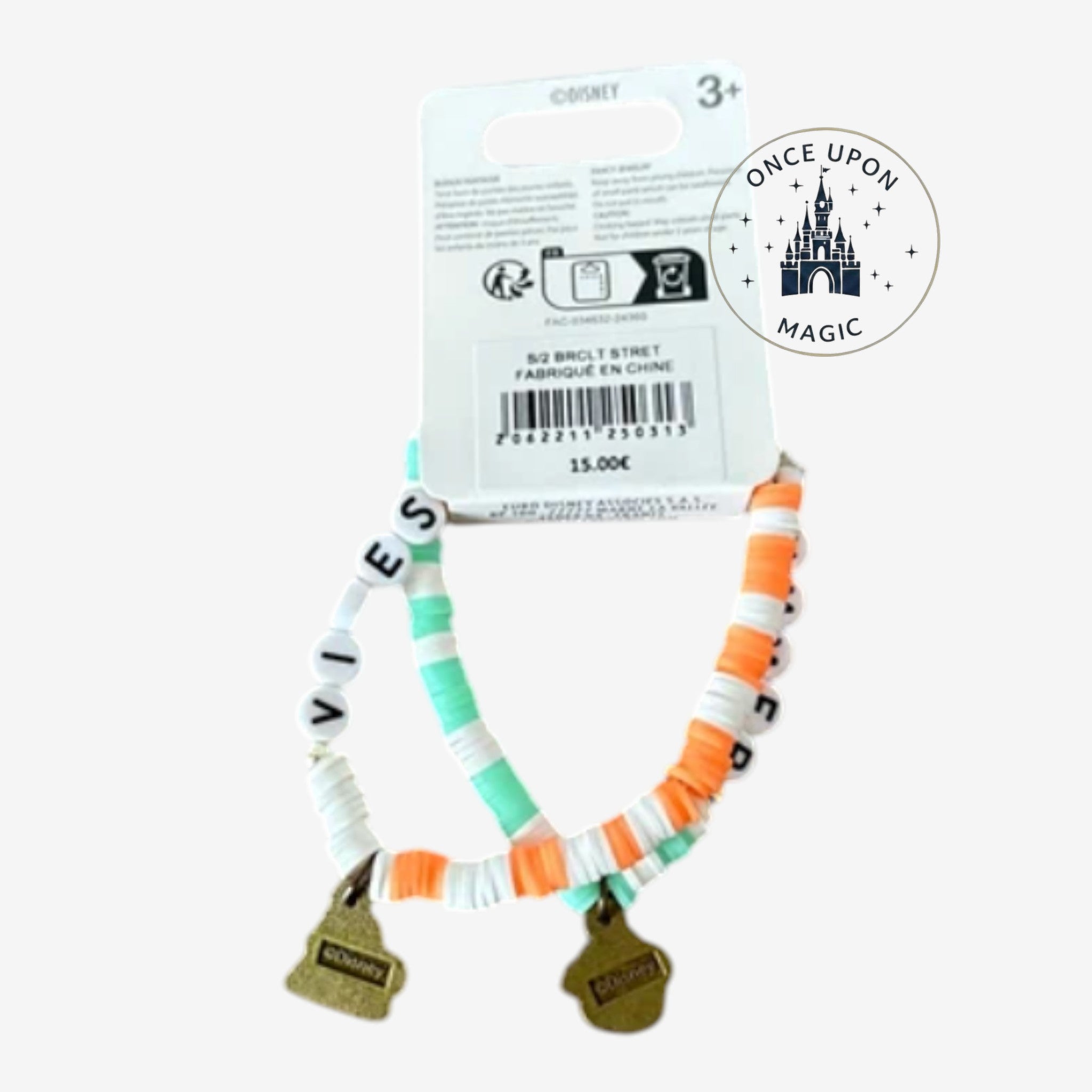 Once Upon Magic set of 2 Disney Stitch bracelets with pastel beads spelling SUMMER and VIBES, and tropical charms.