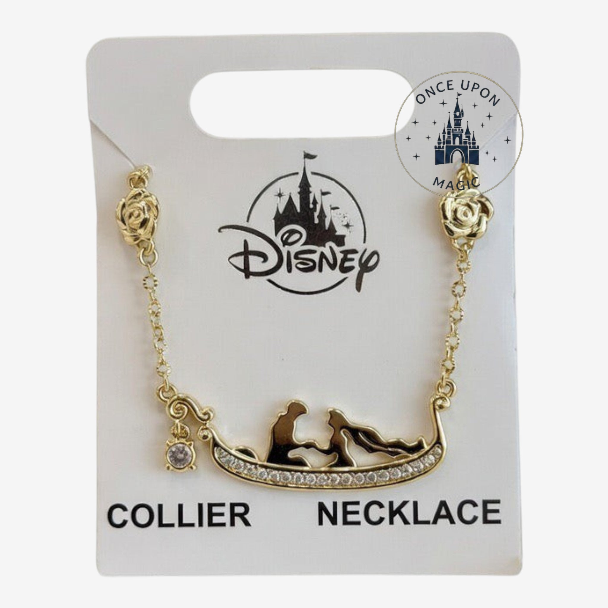 Once Upon Magic Disney Princess Tangled gondola pendant necklace with crystal accents and rose motif gold chain