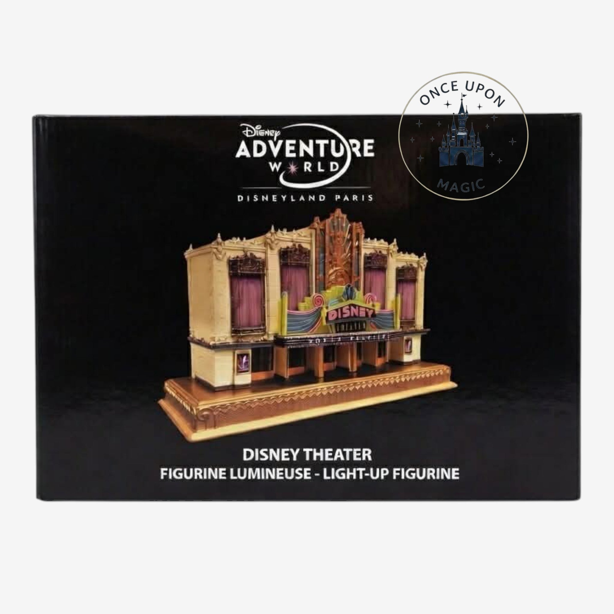 Once Upon Magic Disney Theater light-up figurine in Art Deco style with gold accents and pink curtains in display box