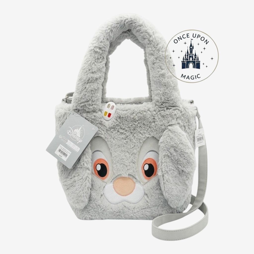 Once Upon Magic Disney Thumper plush tote bag, soft grey fluffy material with embroidered face and floppy ears.