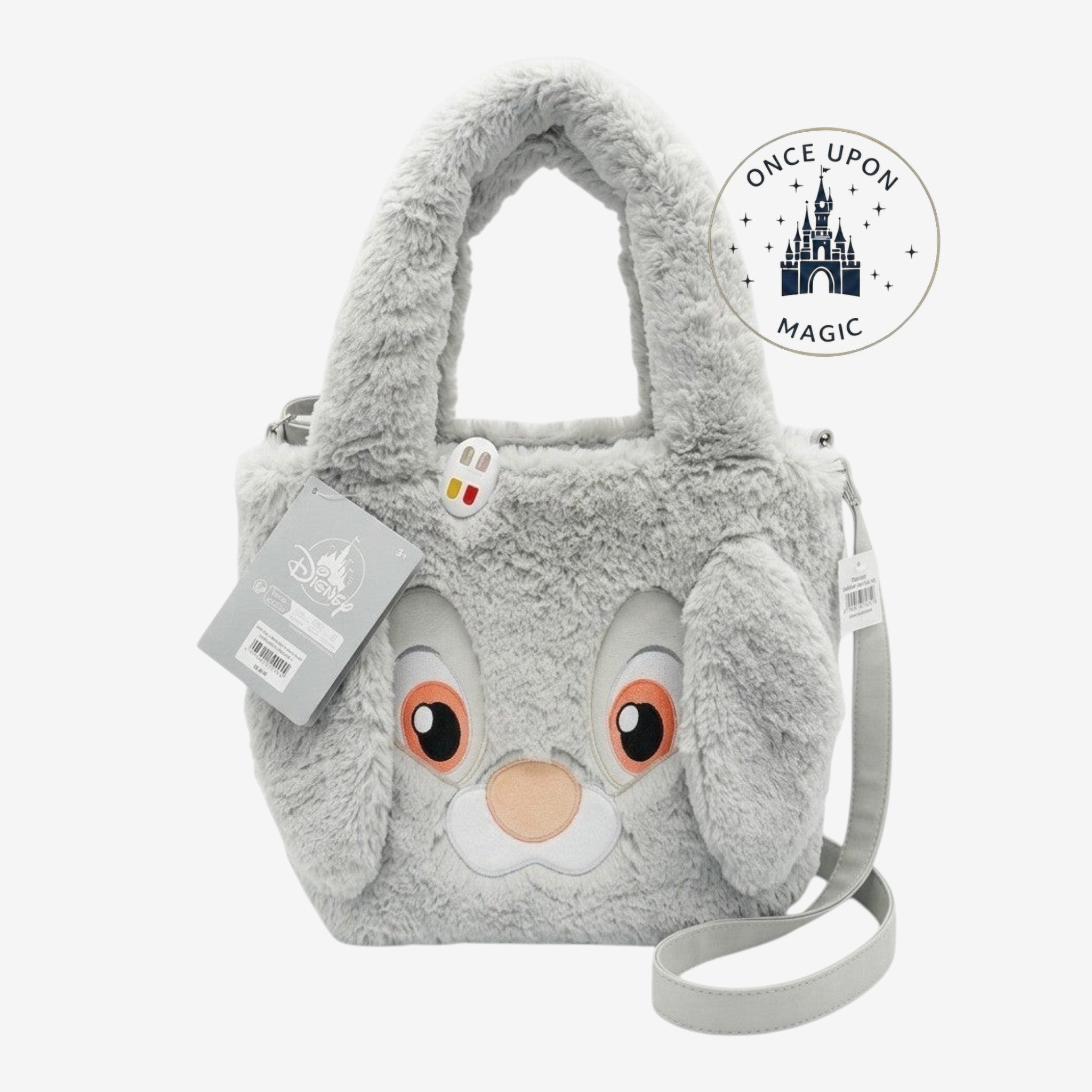 Once Upon Magic Disney Thumper plush tote bag, soft grey fluffy material with embroidered face and floppy ears.