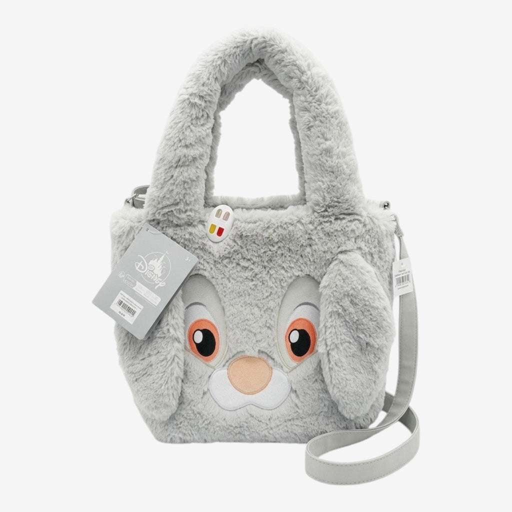 Once Upon Magic Disney Thumper plush tote bag, soft grey fluffy material with embroidered face and floppy ears.