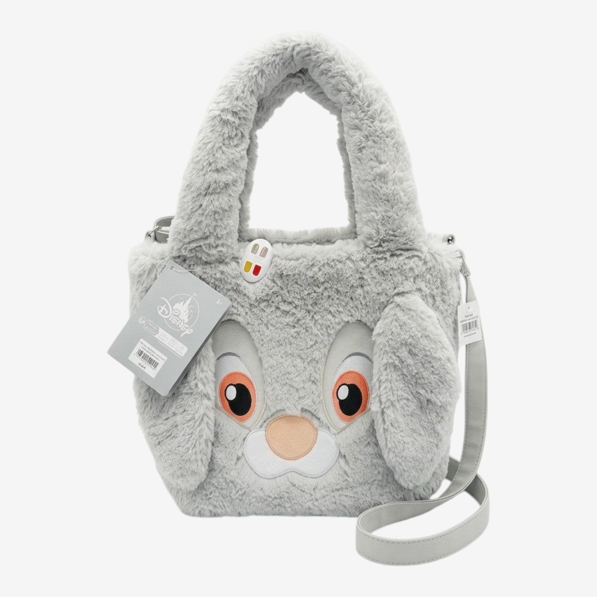 Once Upon Magic Disney Thumper plush tote bag, soft grey fluffy material with embroidered face and floppy ears.
