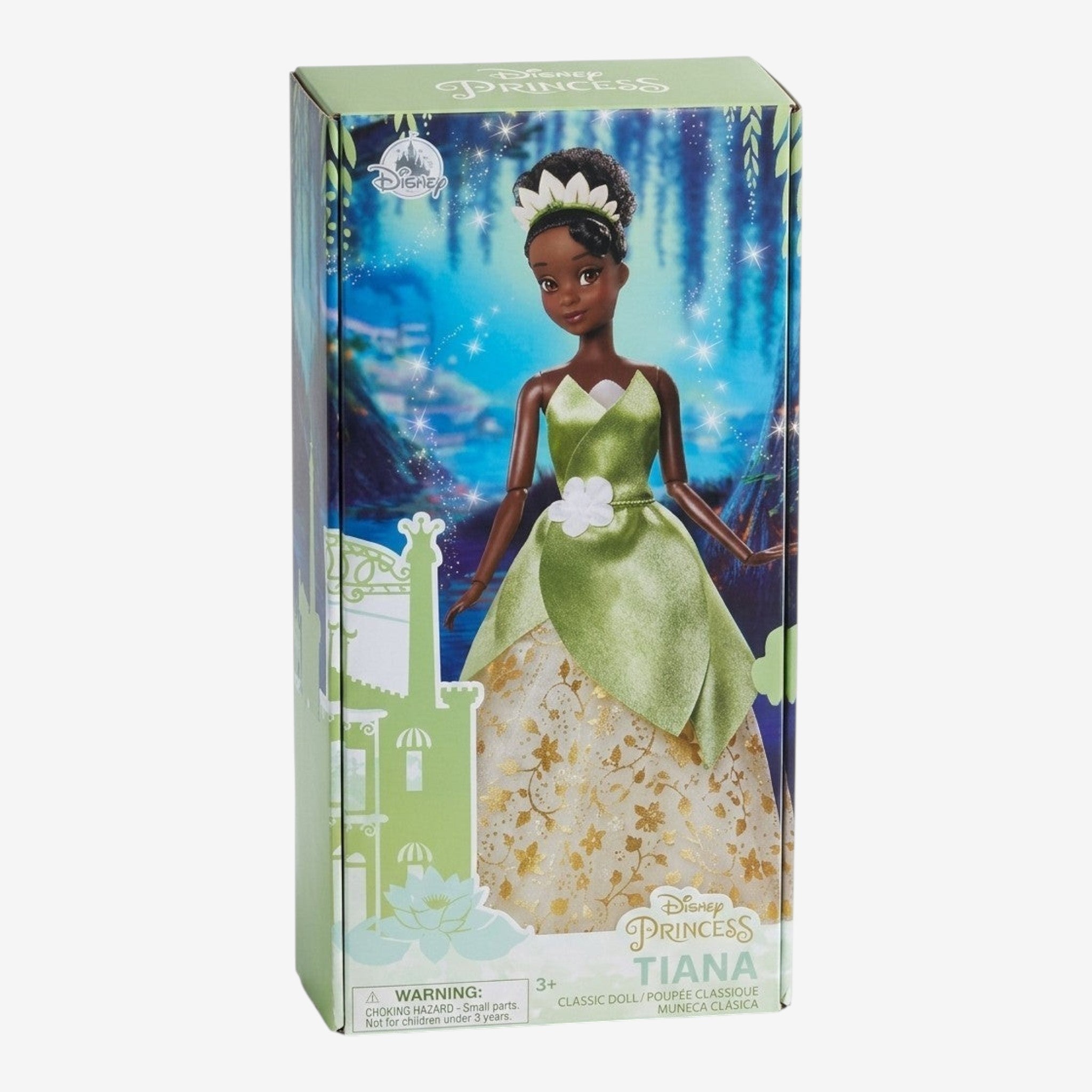 Once Upon Magic Disney Princess Tiana Classic Doll in green and gold ball gown with flower accents. Ages 3+.