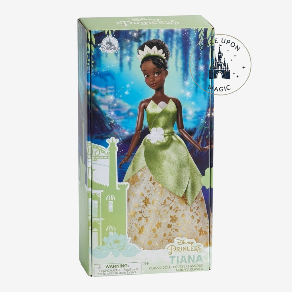 Once Upon Magic Disney Princess Tiana Classic Doll in green and gold ball gown with flower accents. Ages 3+.