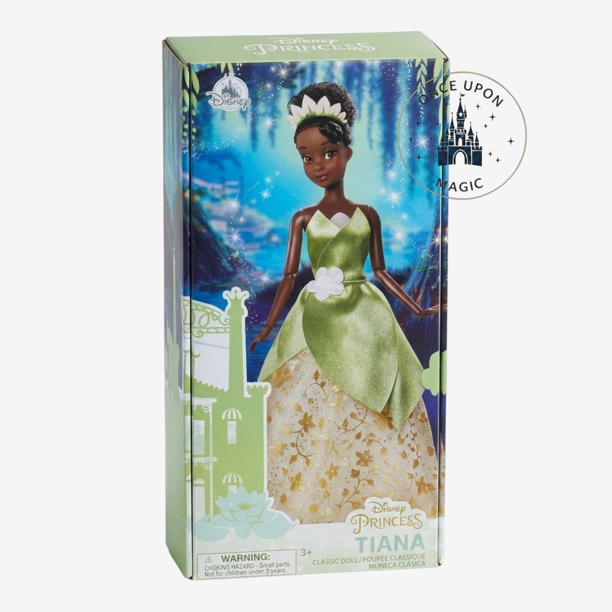 Once Upon Magic Disney Princess Tiana Classic Doll in green and gold ball gown with flower accents. Ages 3+.
