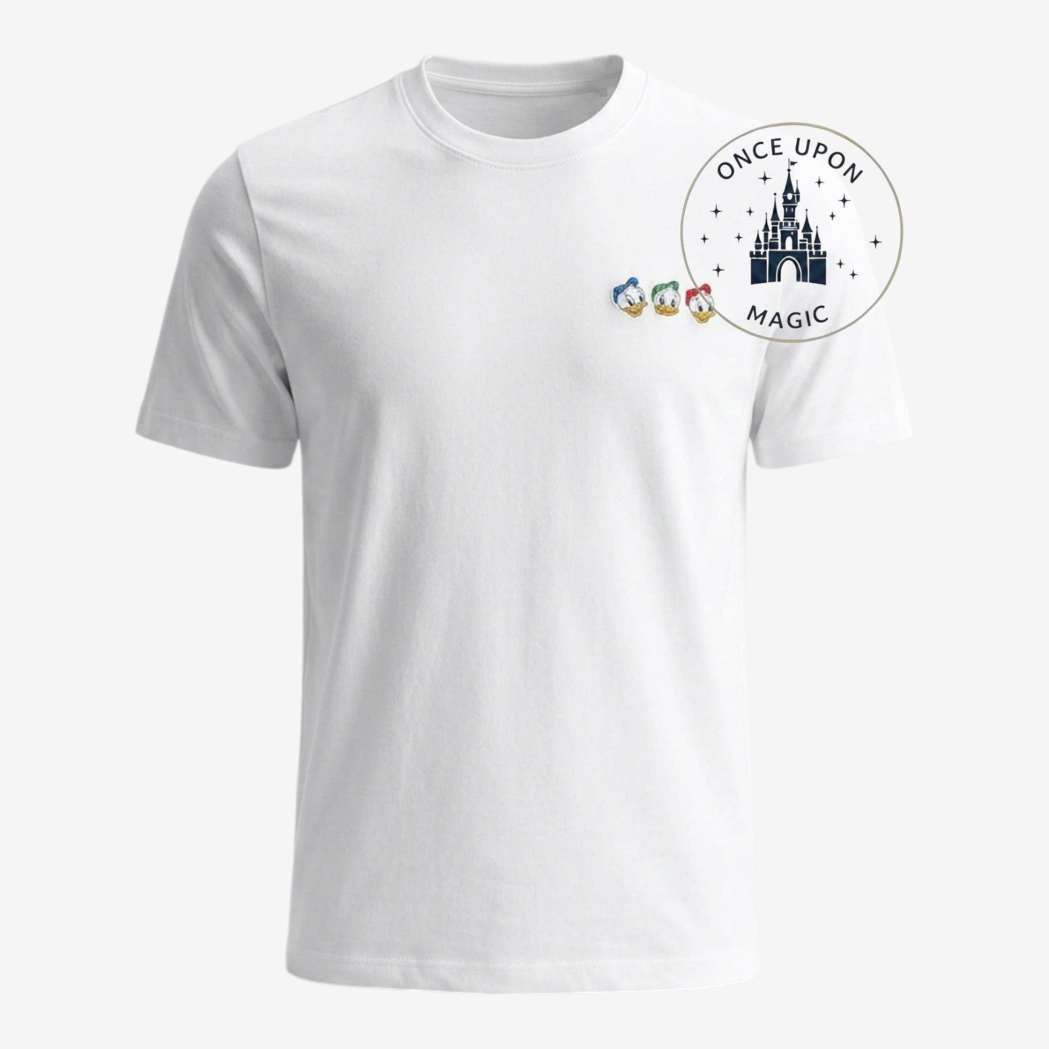 Once Upon Magic white cotton t-shirt with embroidered Riri, Fifi, and Loulou on the chest.