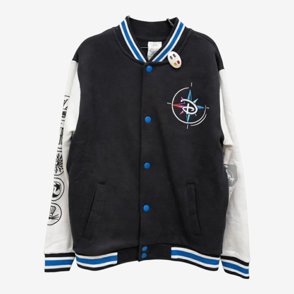 Once Upon Magic Disney Adventure World varsity teddy jacket for kids in black and white with blue button details.