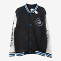 Once Upon Magic Disney Adventure World varsity teddy jacket for kids in black and white with blue button details.