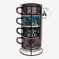 Once Upon Magic Disney villain mug set featuring Ursula, Scar, and Maleficent designs stacked in a metal rack.