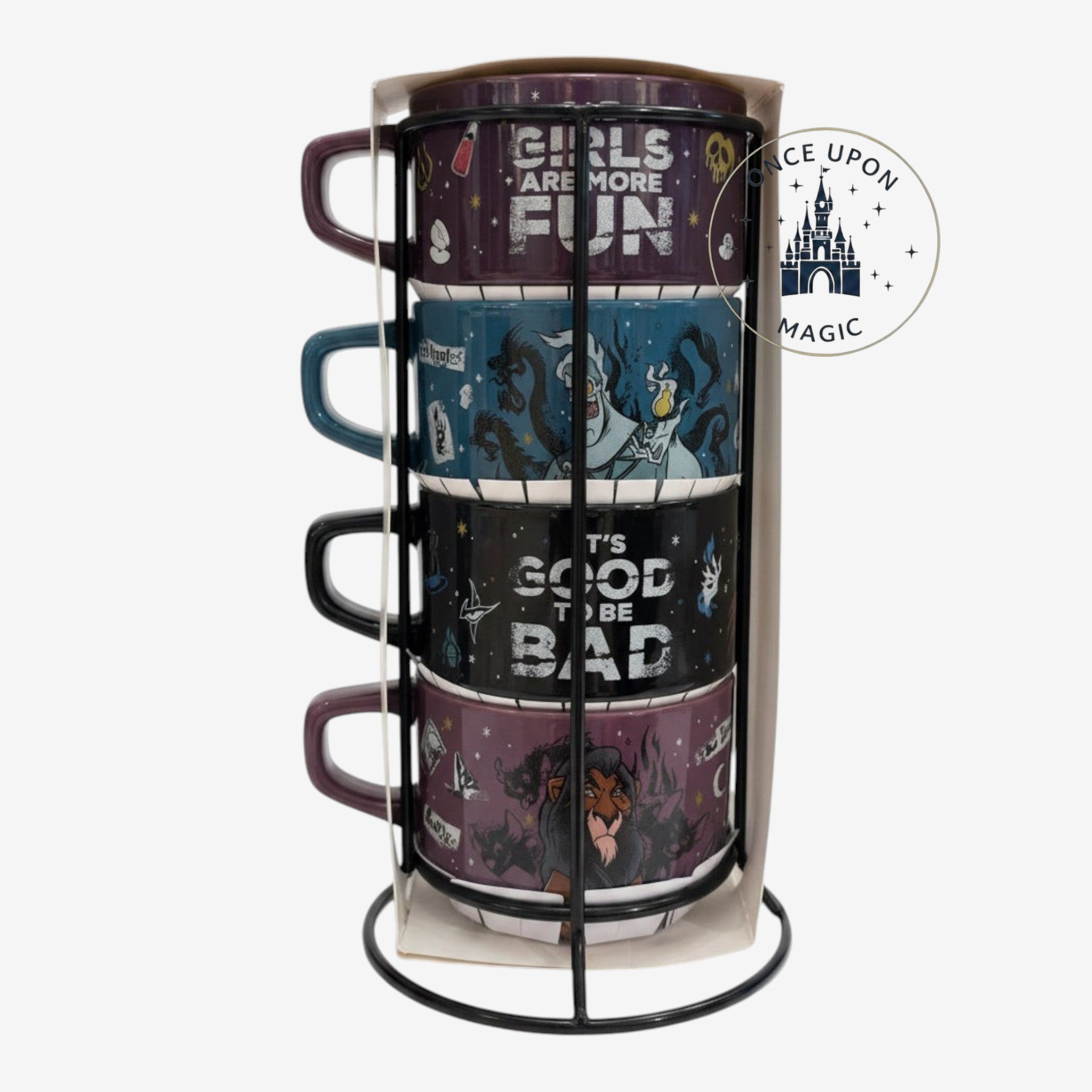 Once Upon Magic Disney villain mug set featuring Ursula, Scar, and Maleficent designs stacked in a metal rack.