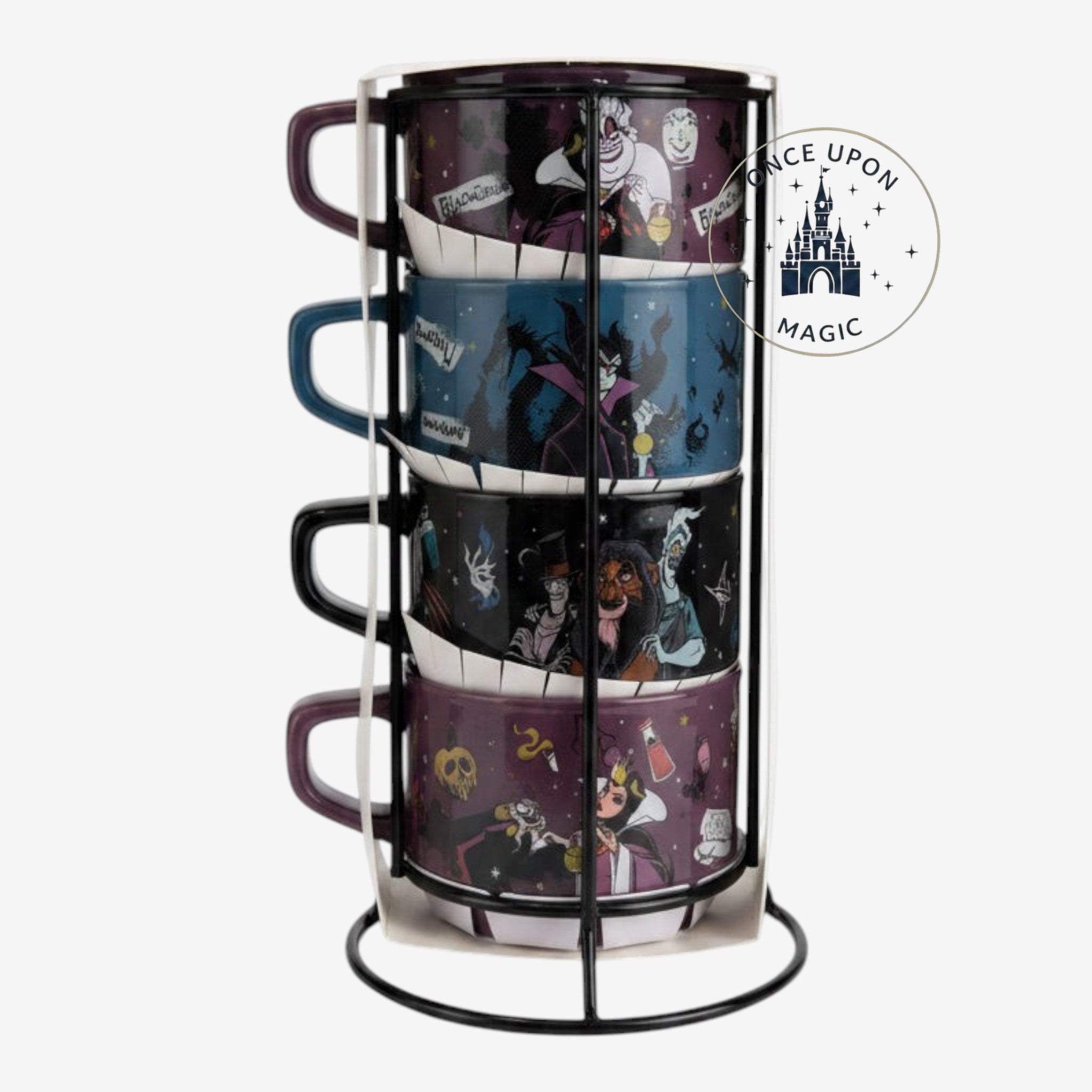 Once Upon Magic set of four stackable Disney Villains mugs in a metal stand featuring iconic characters