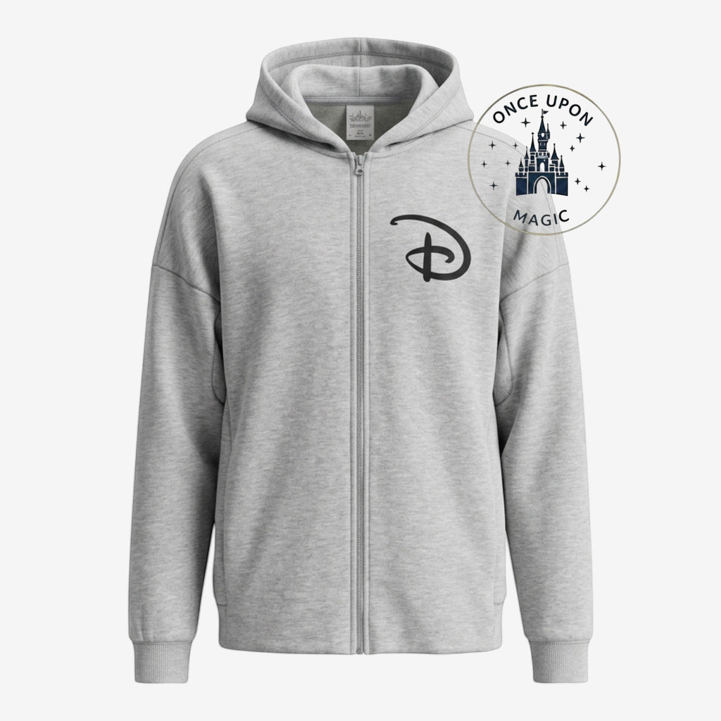 Once Upon Magic grey zip-up hoodie with Disney logo on chest and castle graphic on back.