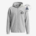Once Upon Magic grey zip-up hoodie with Disney logo on chest and castle graphic on back.