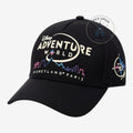 Once Upon Magic black Disneyland Paris Adventure World baseball cap with neon skyline logo and side compass detail.