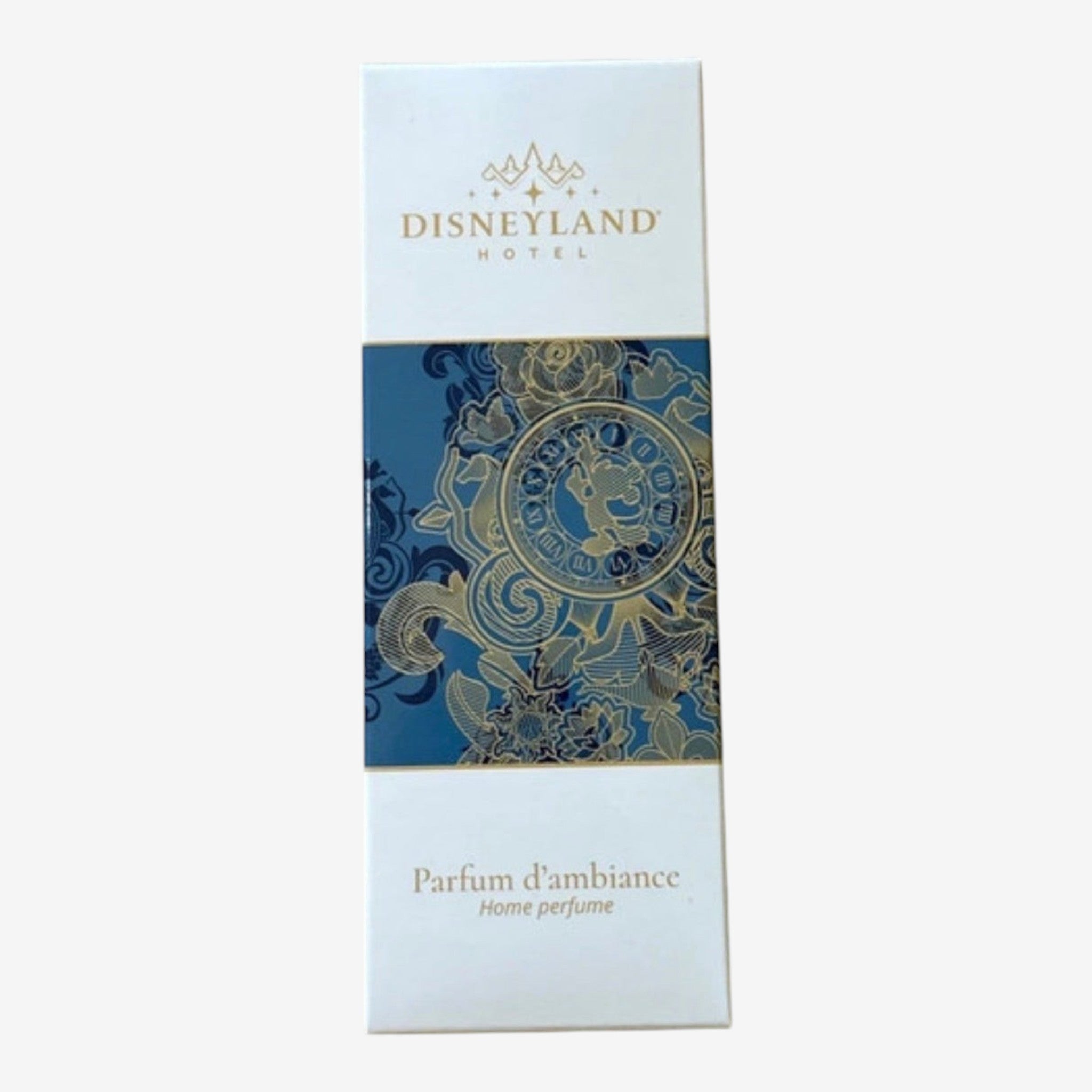 Once Upon Magic Disneyland Hotel home perfume with ornate blue and gold Mickey Mouse design on box.