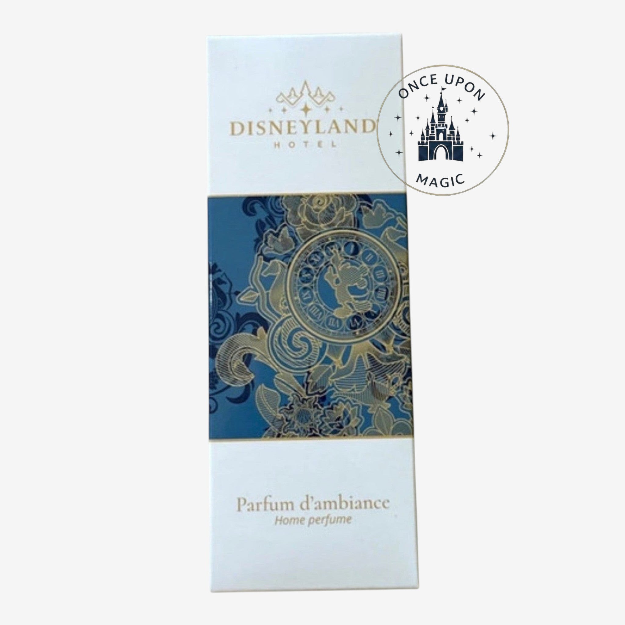 Once Upon Magic Disneyland Hotel home perfume with ornate blue and gold Mickey Mouse design on box.