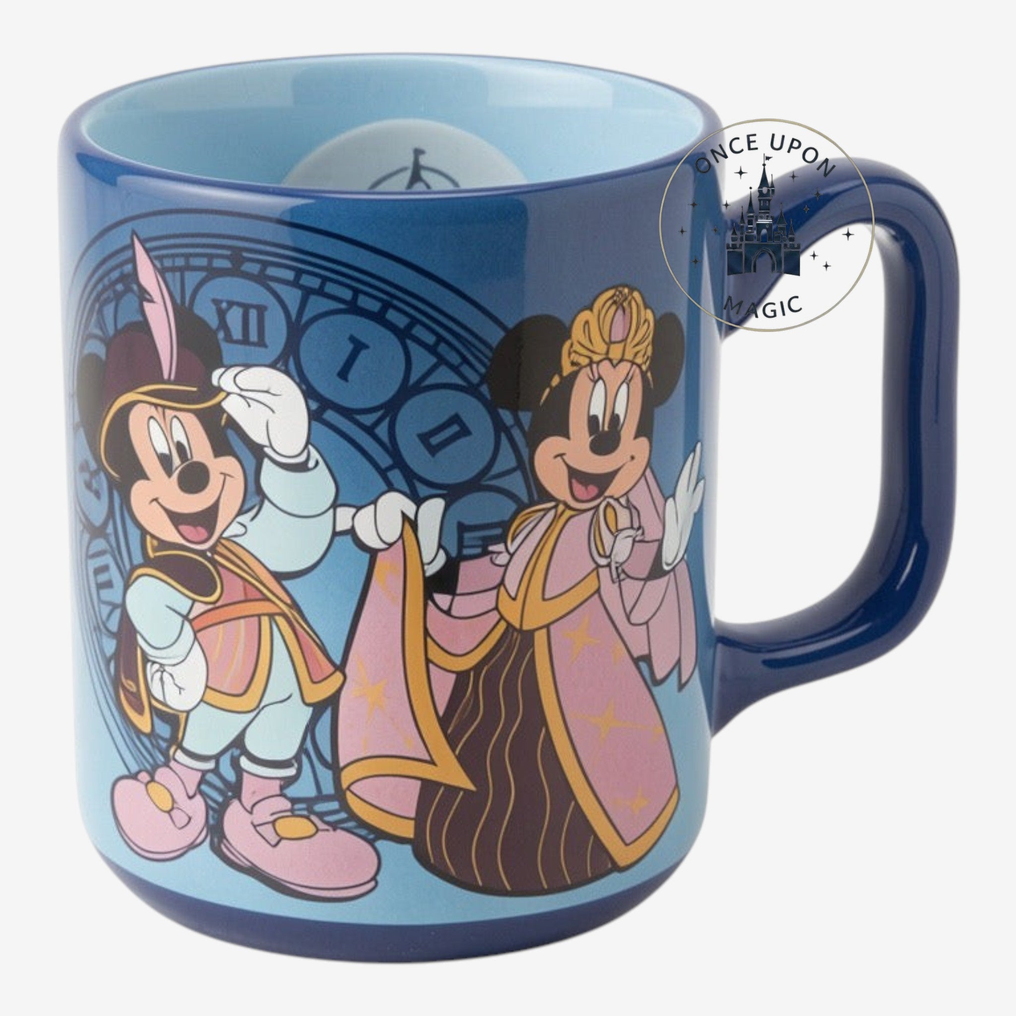 Once Upon Magic Disneyland Hotel mug featuring Mickey and Minnie in royal outfits with a clock background