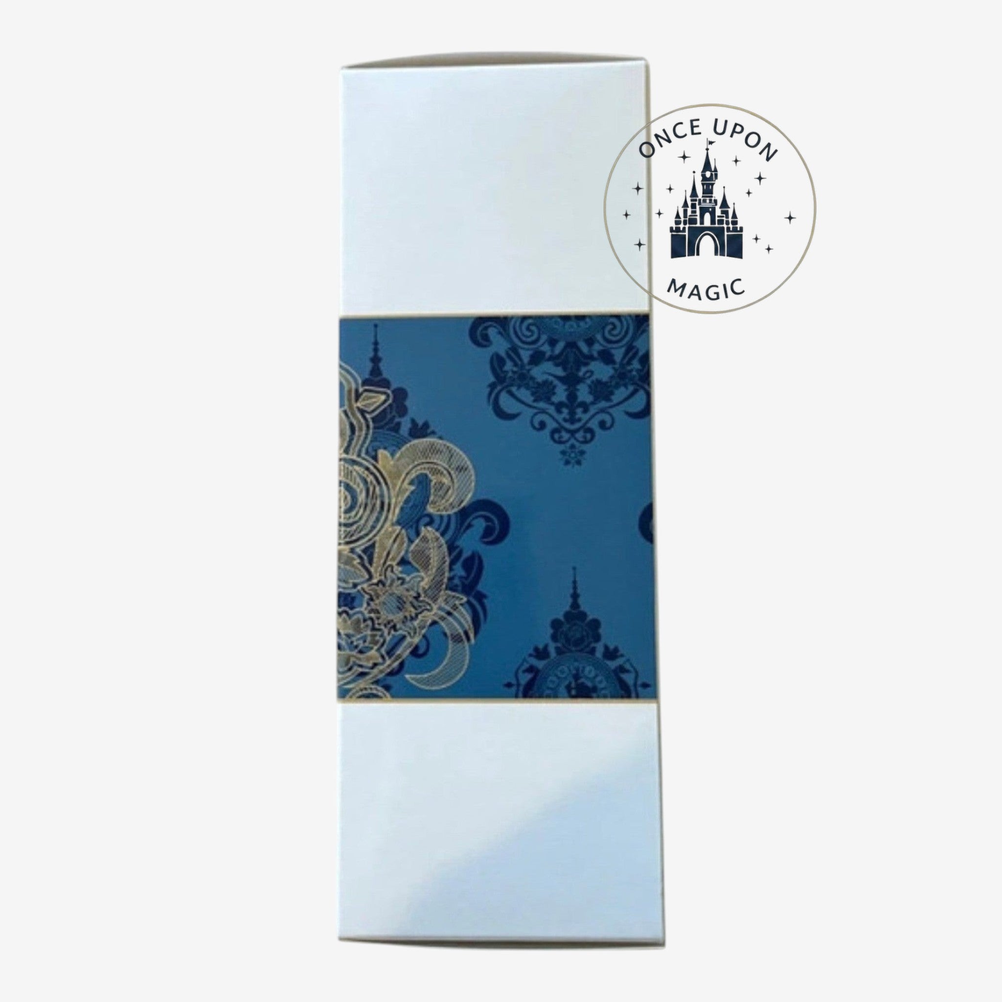 Once Upon Magic Disneyland Hotel room spray with blue and gold ornate pattern on a white box.