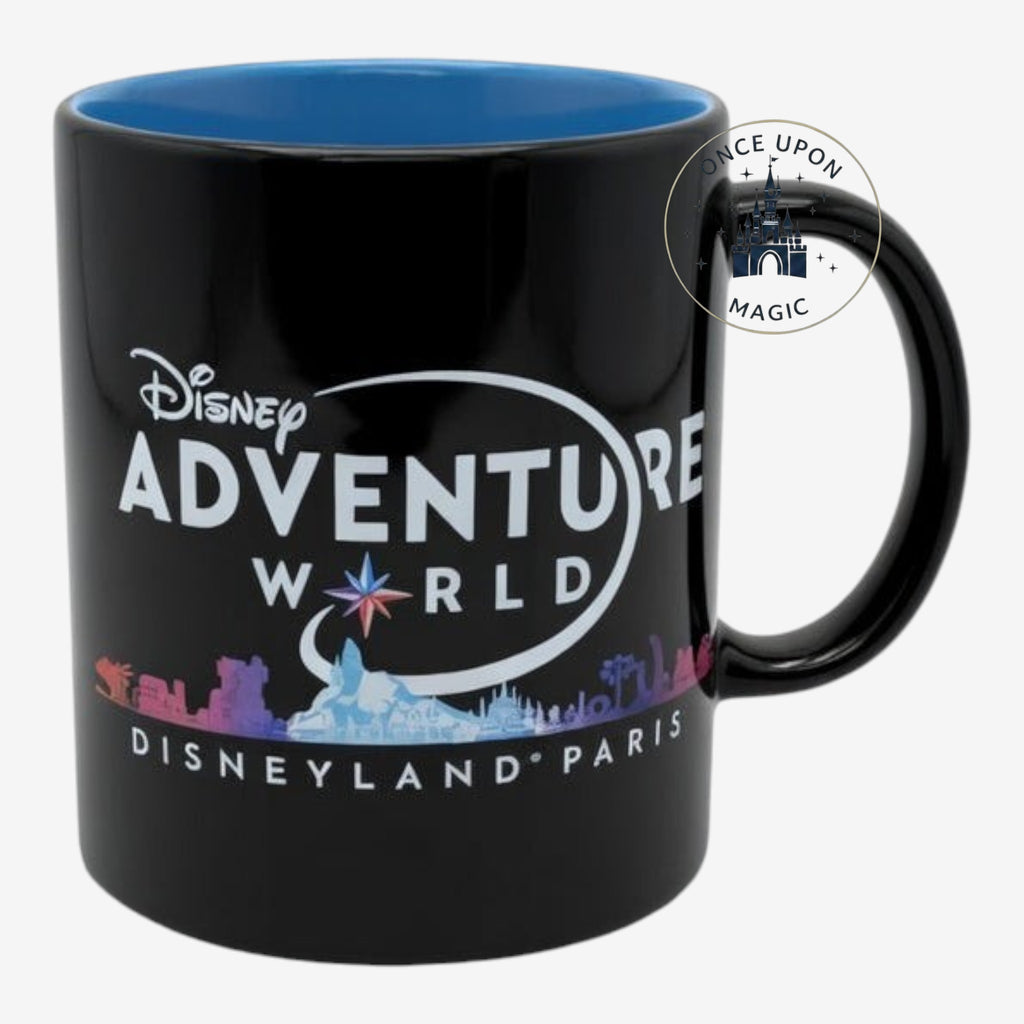 Once Upon Magic Disneyland Paris Adventure World mug in black with a vibrant blue interior and iconic logo design.