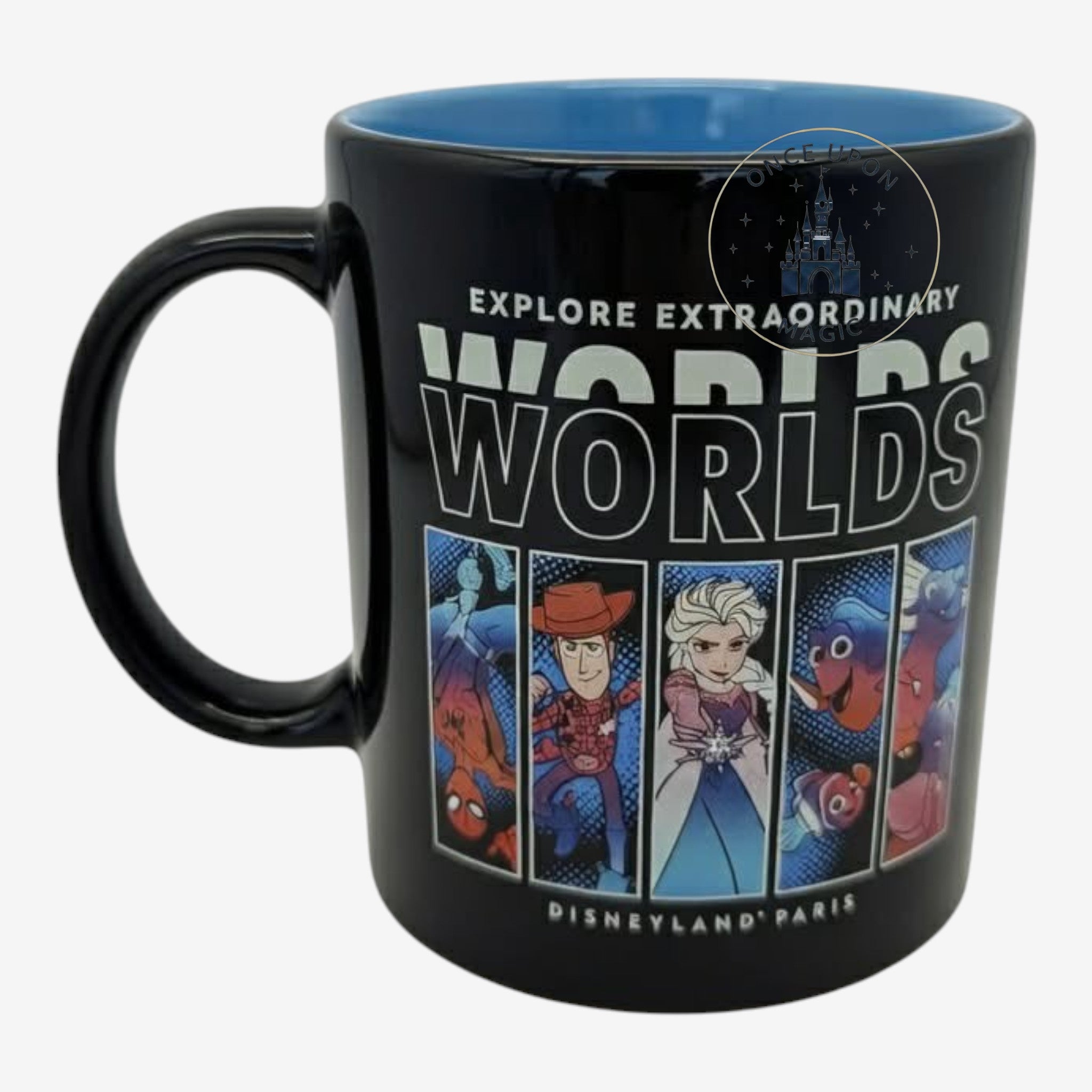 Once Upon Magic Disneyland Paris Adventure World mug featuring Disney and Pixar characters with a blue interior.