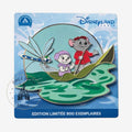 Once Upon Magic Bernard & Bianca enamel pin featuring the duo in a boat with a dragonfly. Bernard wears a red jacket, Bianca a lavender hat and dress. Teal water and blue sky background.