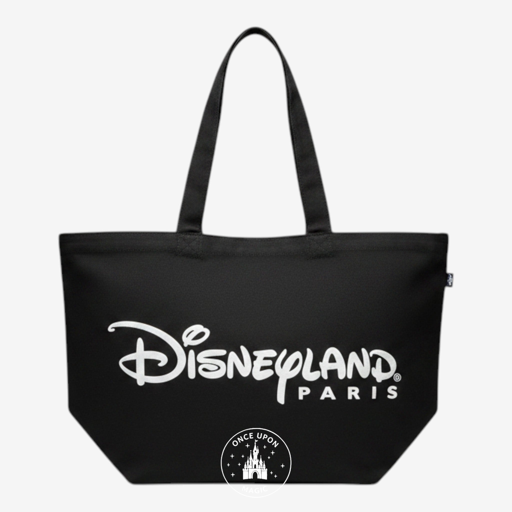 Once Upon Magic black canvas tote bag with white Disneyland Paris logo print and sturdy shoulder straps.