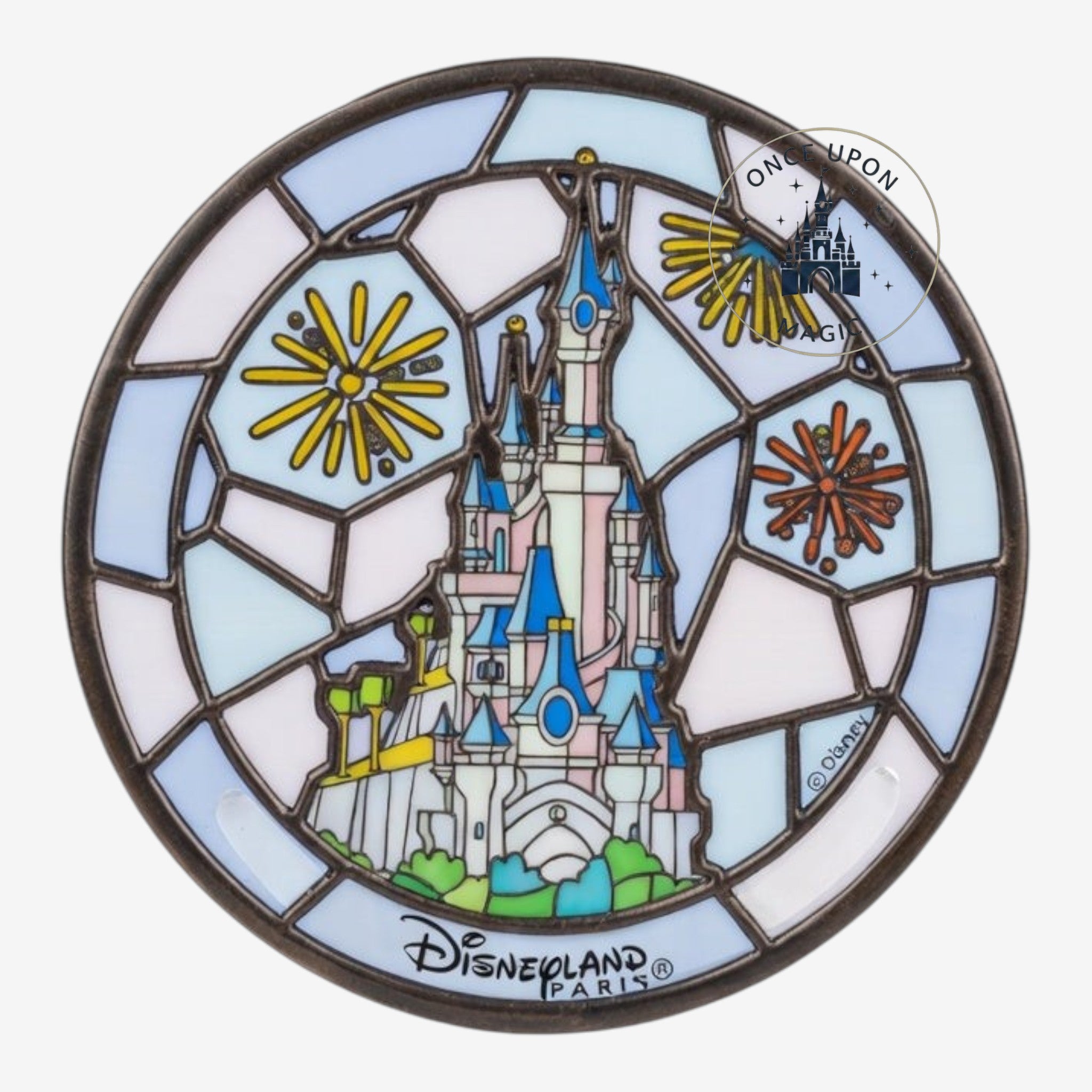 Once Upon Magic stained glass mini window hanging of Disneyland Paris castle with sunbursts and fireworks. Pastel colors.